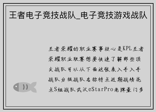 王者电子竞技战队_电子竞技游戏战队